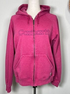 Women’s Carhartt Zip Up Sweatshirt Hoodie Pink Blue Stitching Large (12/14)